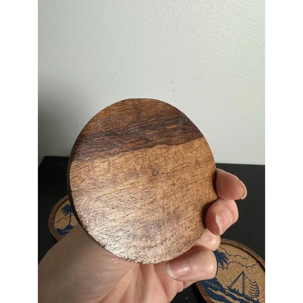 Vintage Souvenir Cork & Wood Coasters Hawaii Lot of 10 Round Beach Sailboat